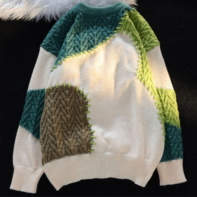 Design Sense Niche Color Matching Pullover Sweater Female Autumn and Winter Loose Soft Glutinous Knit Sweater Pullover Female