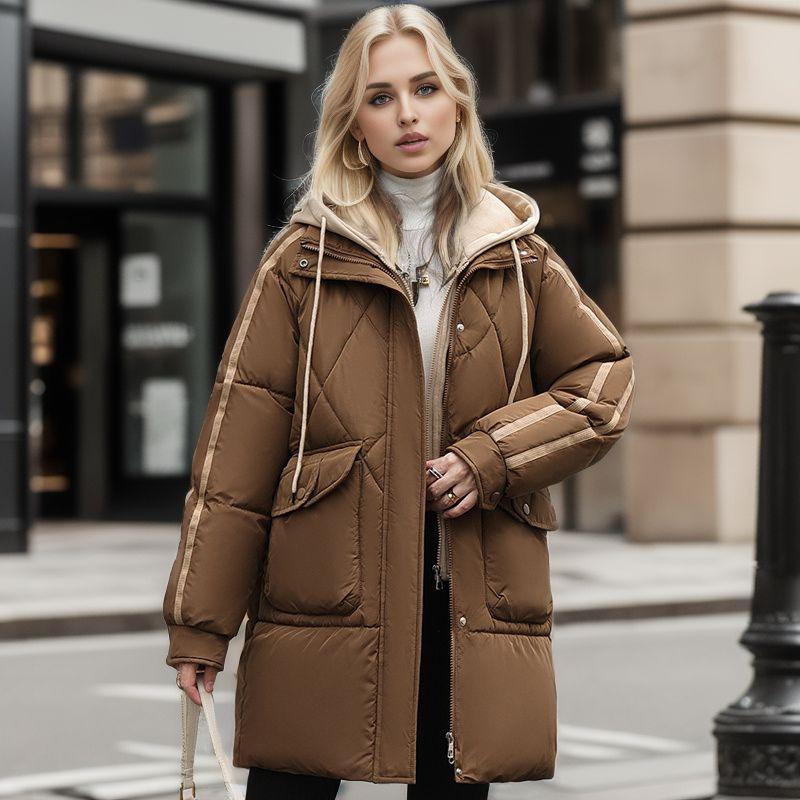 Damen Wattierte Jacke 2024 Winter Damen Kontrast Kapuze Verdicken Warm Lange Jacke Damen 2 Taschen Fake Zweiteilig Baumwolljacke