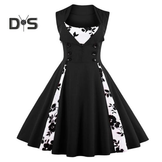 

Женское вечернее платье с цветочным принтом А-силуэта с широкими качелями и узкой талией, с ретро-лоскутным декором на пуговицах, без рукавов, для выпускного вечера, элегантное платье миди 2XL чёрный