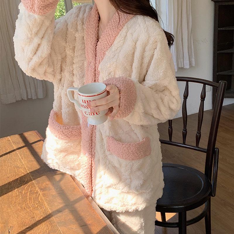 Ladies Pyjama Women Winter Flannel Pajama Set Fleece Pajamas Sleepwear Thick Warm Velvet Female Homewear Suit Cute Sweet Pijama