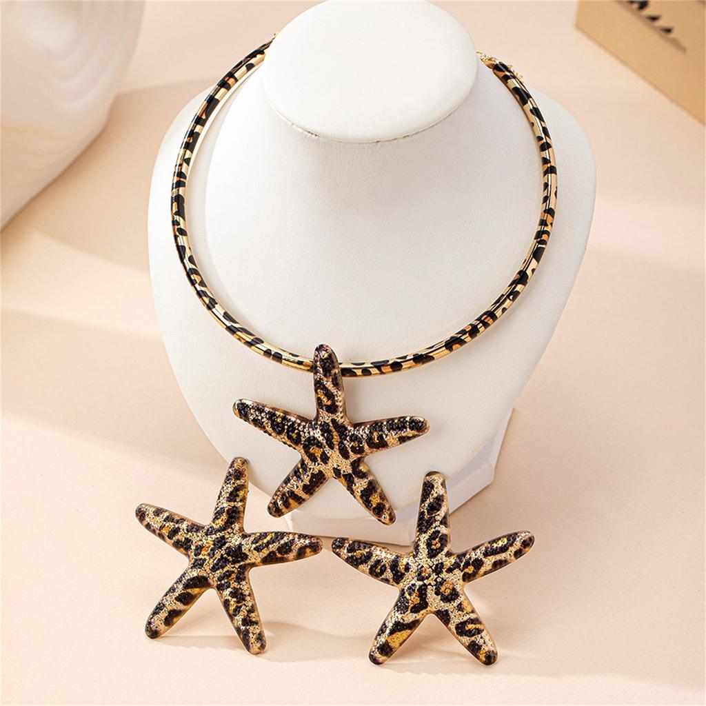 Stylish Leopard Pattern Starfish Necklace and Earring Trendy Women's Jewelry Set Elegant Accessories for Beach Vacations