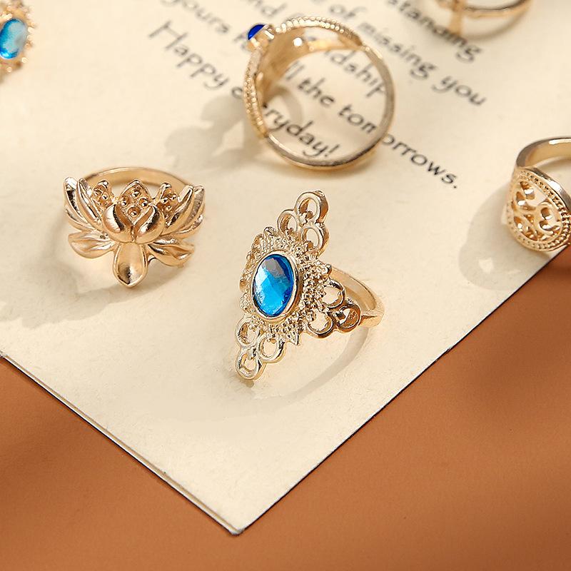 Vintage Gold Alloy Personality Female Style Flower Wave Sapphire 10-Piece Ring