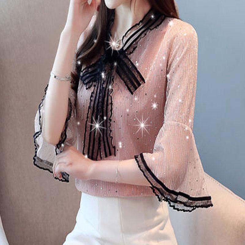 Korean Lace Bow Chiffon Elegant Women's Shirts Summer New Female Clothing Sweet Fashion V-Neck Flare Sleeve Pullovers Blouses