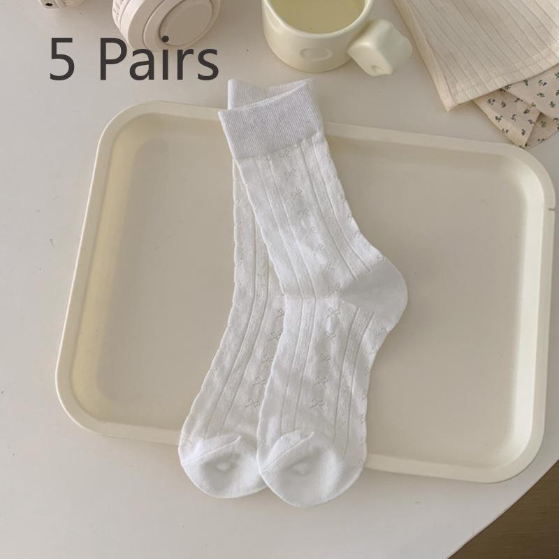 5 Pairs of Women Spring and Summer Thin Sweet Simple Bow In The Tube Pile Socks