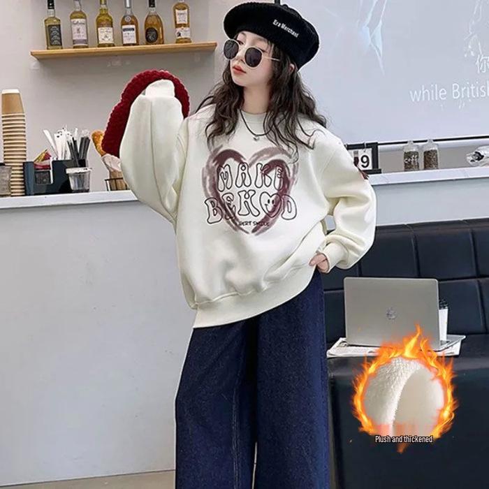 Girls' Fleece-Lined Spliced Sweatshirt: Stylish Autumn/Winter Pullover for Kids