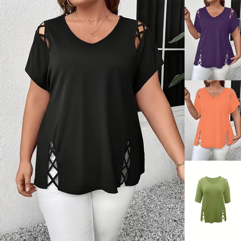V-neck Criss-cross Strap Plus Size Women's Summer Short-sleeved T-shirt 2026
