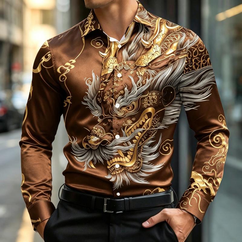 New Men's Long Sleeve Shirt Traditional Art 3D Printing Business Office Nightclub Wedding Casual Single breasted Men's Top