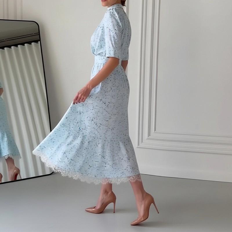 2026 Womens V-Neck Floral Print Lace Trim A-Line Midi Dress Slim Fit High-Waisted Elegant Office Casual