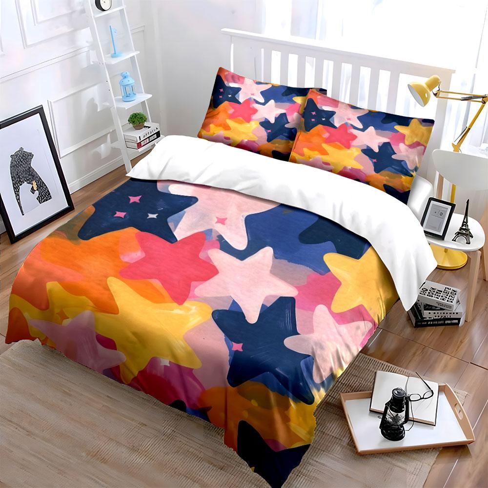 3Pcs Watercolor Star Bedding Set, Pastel Pink, Yellow and Blue Stars Print Duvet Cover + 2 Pillowcases, Cute Kids room Decor