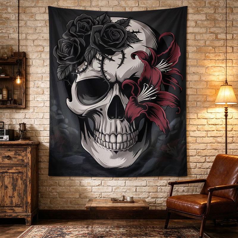 Skull Black Roses Red Lilies Tattoo Goth Illustration Art Print