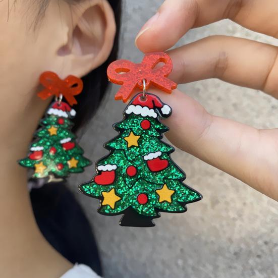 1 Pair Women Drop Earrings Cartoon Style Christmas Tree Shape Sequin Design Acrylic Earrings Festive Ornament