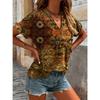 Summer new ethnic style full printed V-neck roll-sleeve fashion casual large size women's short-sleeved T-shirt