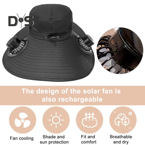 Klobouk s širokou krempou a ventilátorem pro muže a ženy, venkovní rybářský klobouk typu bucket se solárním/USB napájeným ventilátorem, nastavitelný kšiltový klobouk pro turistiku, kempování, pláž