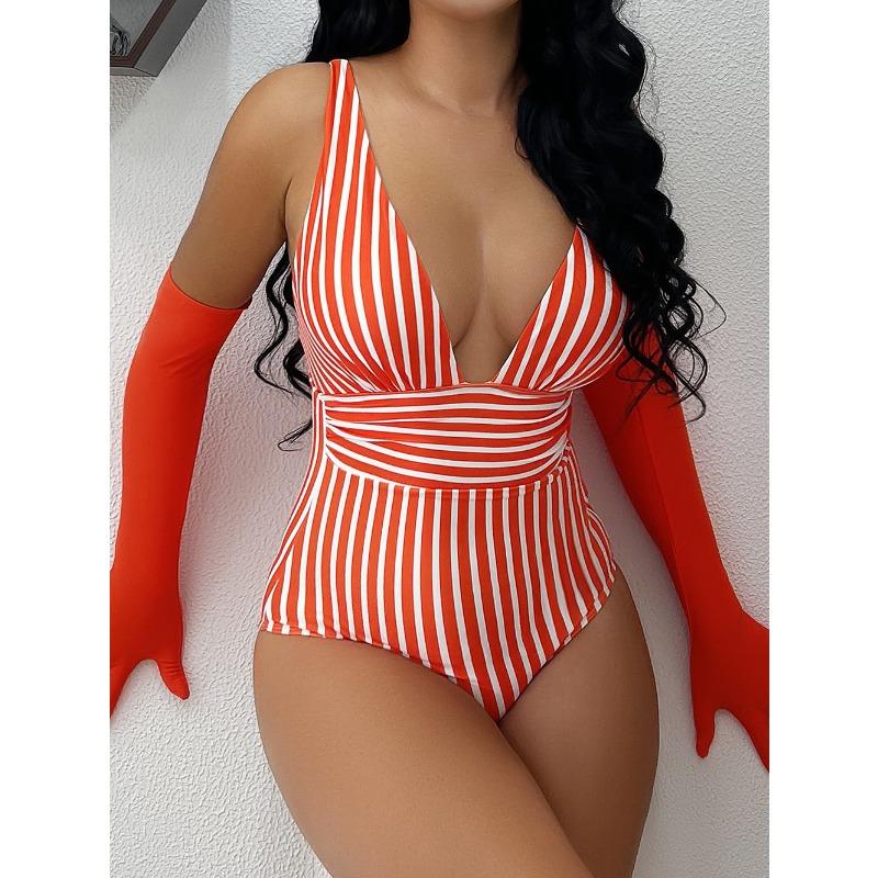 New one-piece large V-neck swimsuit women's striped backless swimsuit women's sexy fashion swimsuit