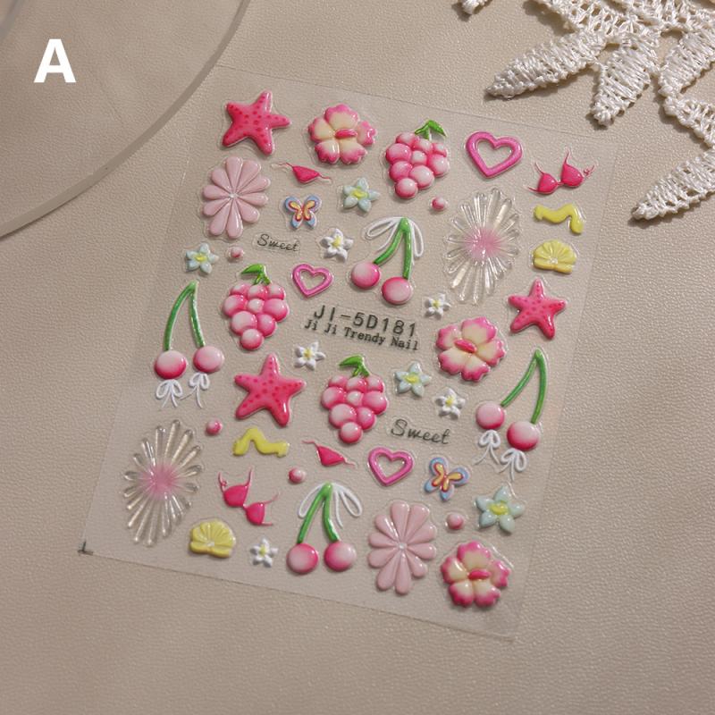 5D Bow Nail Sticker 3D Relief Cherry Bowknot Flower Summer Personalized Nail Back Adhesive Sticker Diy Nail Decoration Materials