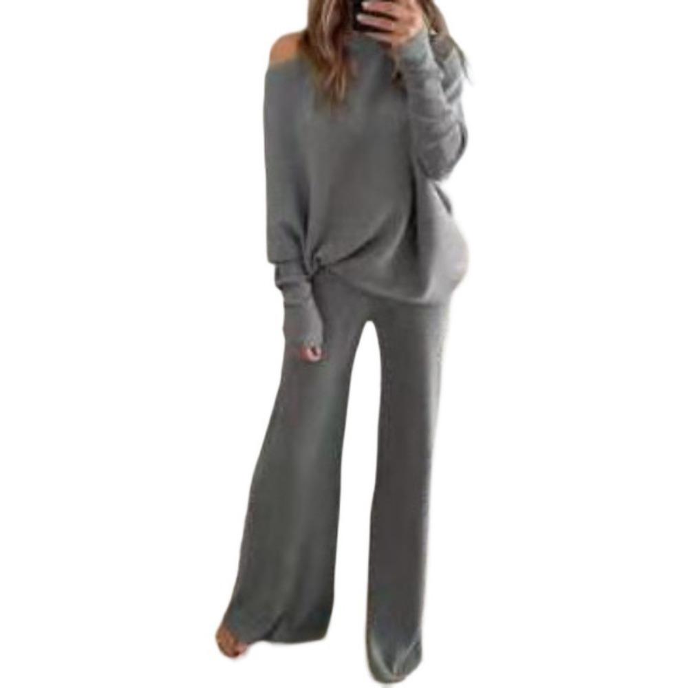 Tuta da ginnastica da donna a due pezzi, larga, manica lunga, spalle scoperte, top in maglia, pantaloni a gamba larga con elastico in vita, completo coordinato