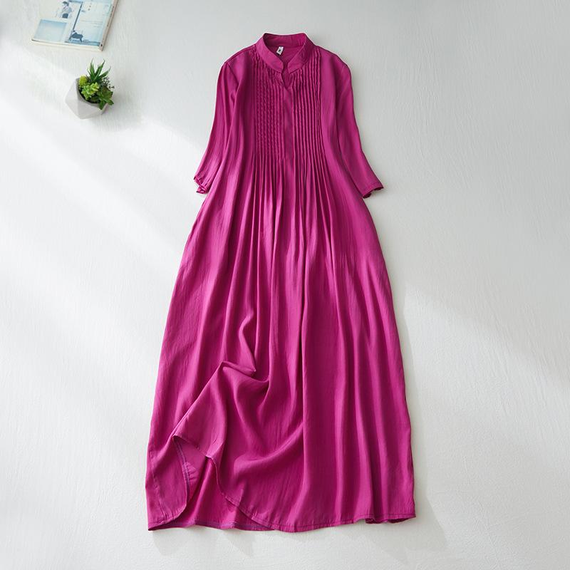 

Платье из хлопка и льна с плиссировкой, однотонное, женское, осеннее, новое, свободное и тонкое, с небольшим воротником-стойкой, рукавом семь четвертей, элегантное длинное платье 2XL розы красного