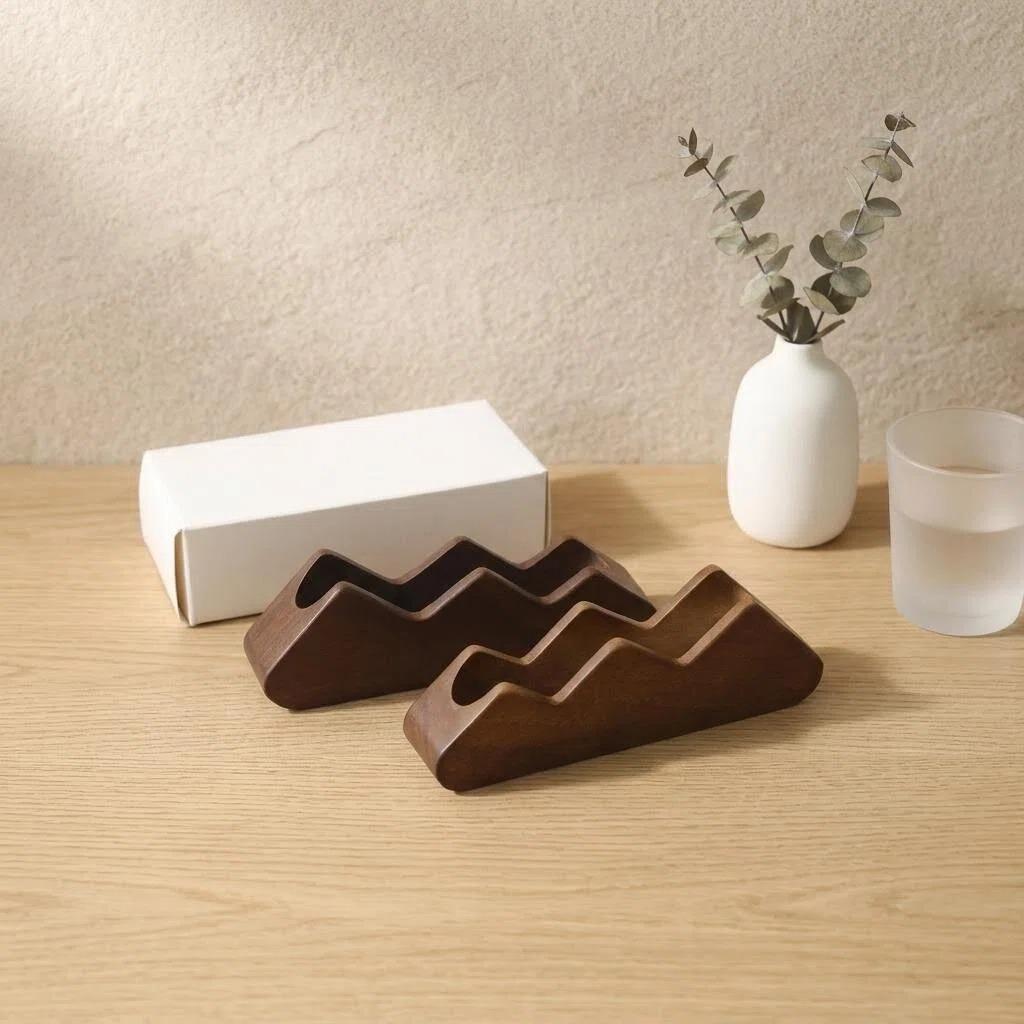 Solid Black Walnut Business Card Holder - Men's Desk Stand & Wooden Gift Box Storage
