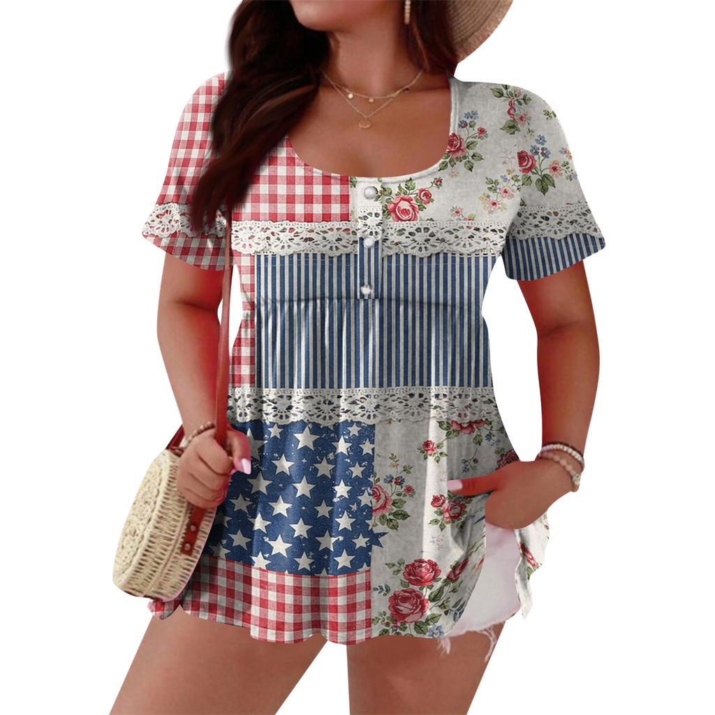 Women's Fashionable Casual Short Sleeve Loose Fit Button Front Printed Blouse