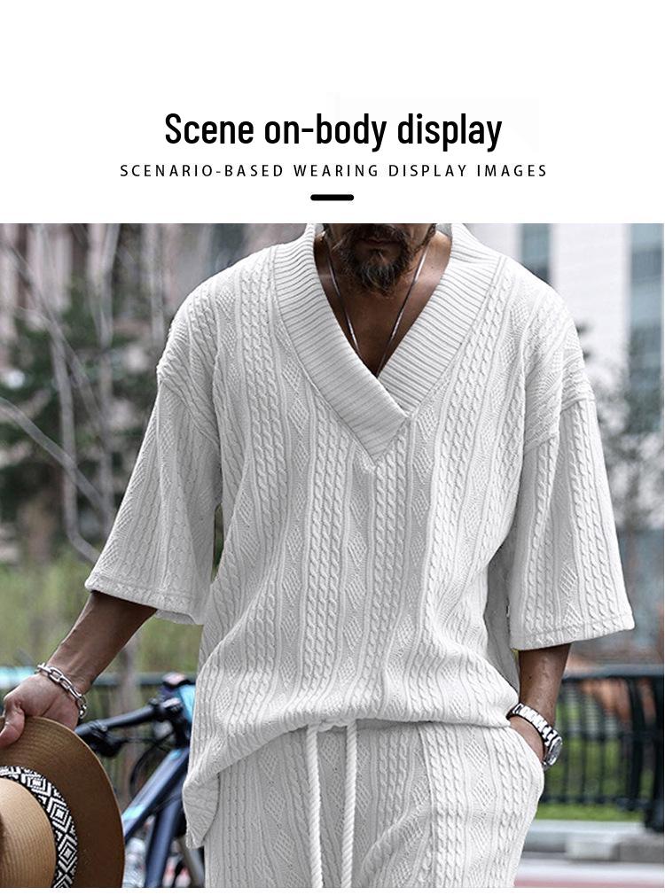 2025 Men's Summer Loose V-neck Knit T-shirt - Casual Short Sleeve, Plain Color Sports Tee