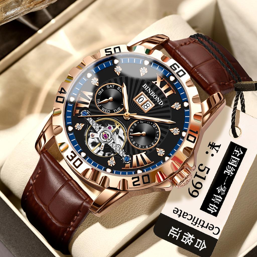 BINBOND Luminous Waterproof Men's Watch Auto Date Business Reloj Automatic Tourbillon Mechanical Wristwatches For Men Luxury