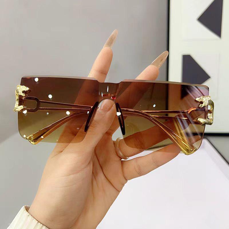 Retro Square Rimless Sunglasses Frameless Gradient Lens UV Protective Eyewear Outdoor Cheetah Decoration