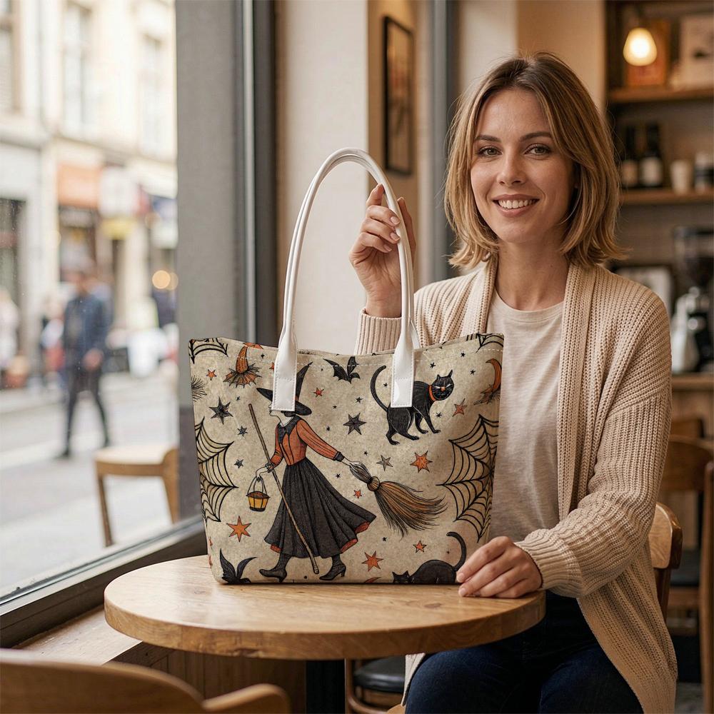 Halloween Witch Print Tote Bag Fashion Trendy Portable Daily Shopping Shoulder Purse