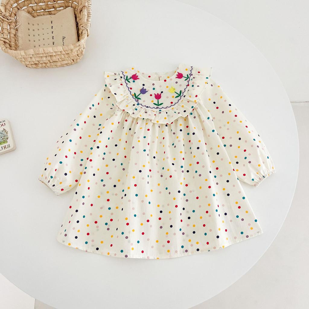 Girls Summer Cotton Polka Dot Princess Dress With Embroidered Flowers Flutter Sleeve Baby Girl Sweet Breathable Party Dress