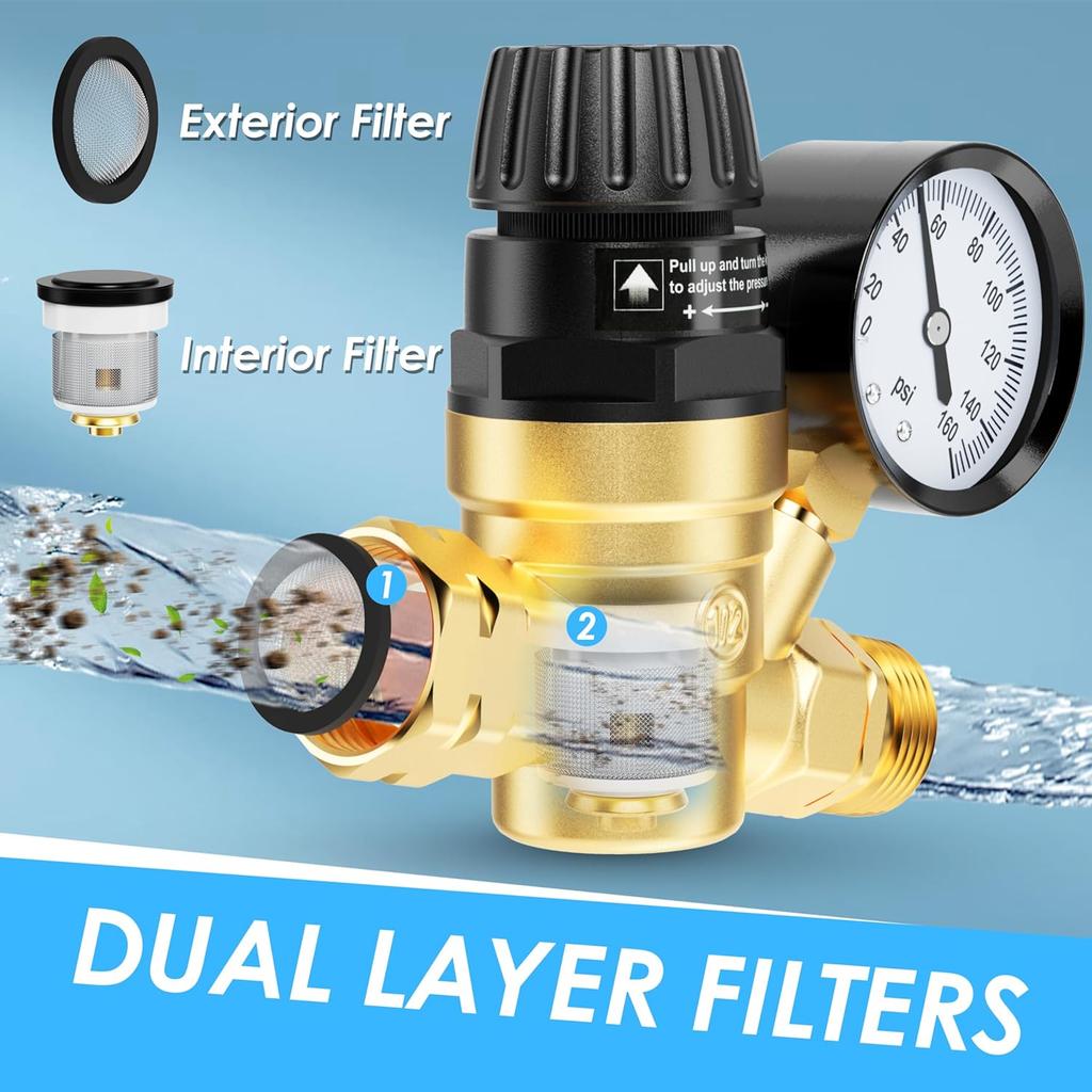 RV Water Pressure Regulator Valve, Brass Lead-Free Adjustable Water Pressure Reducer With Gauge And Inlet Filter For RV Camper And Travel Trailer