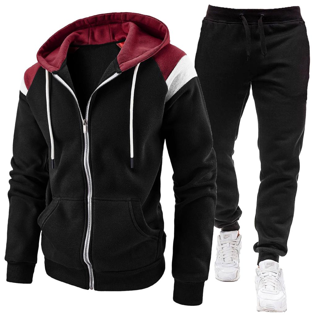 Cross Border New Men's Color Blocking Fashion Men's Casual Sports Hooded Sweatshirt Set