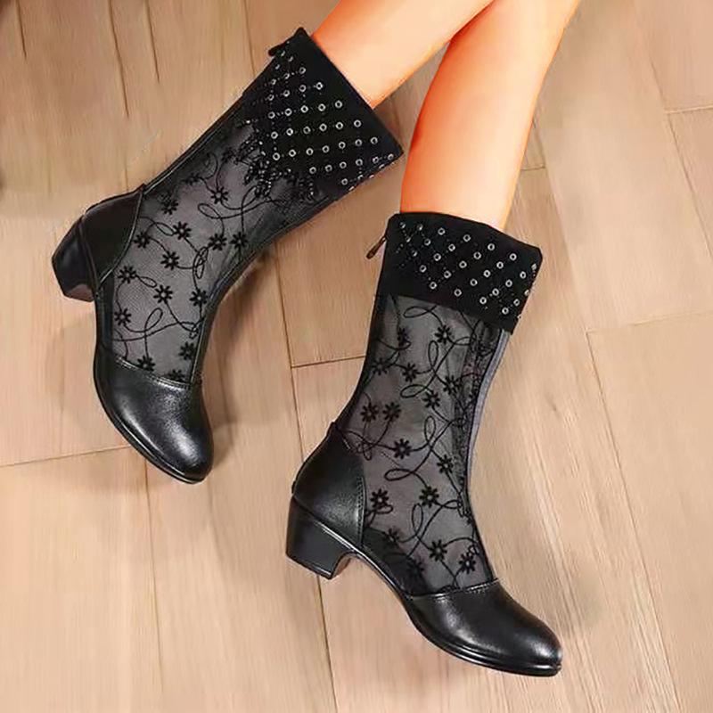 Sexy Lace Mesh Breathable Rhinestone Boots Women's Thick Heel Mid Boots