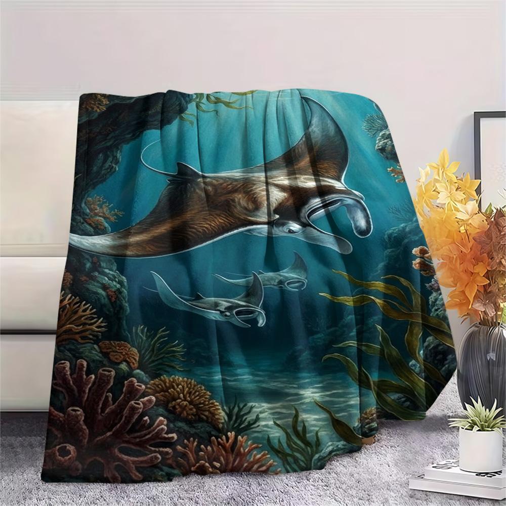 1PC Floral Water Scene Print FlAannel Blanket, High quality Comfortable for All Seasons, Home Decor, Warmth and Comfort