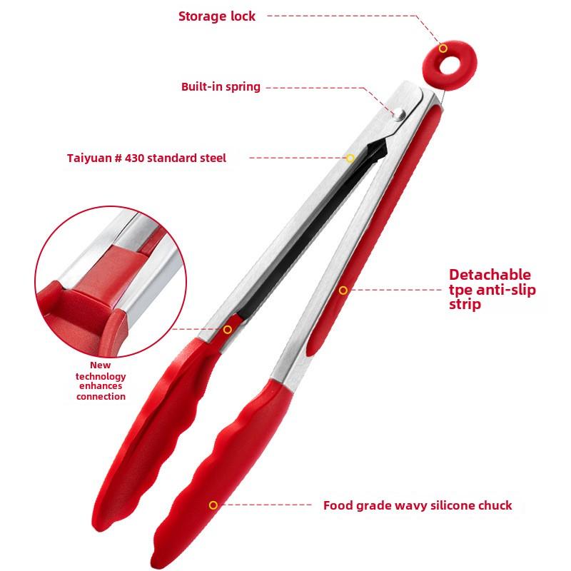 Outdoor camping silicone food tongs stainless steel barbecue tongs food tongs steak tongs heat-resistant kitchen tool tongs