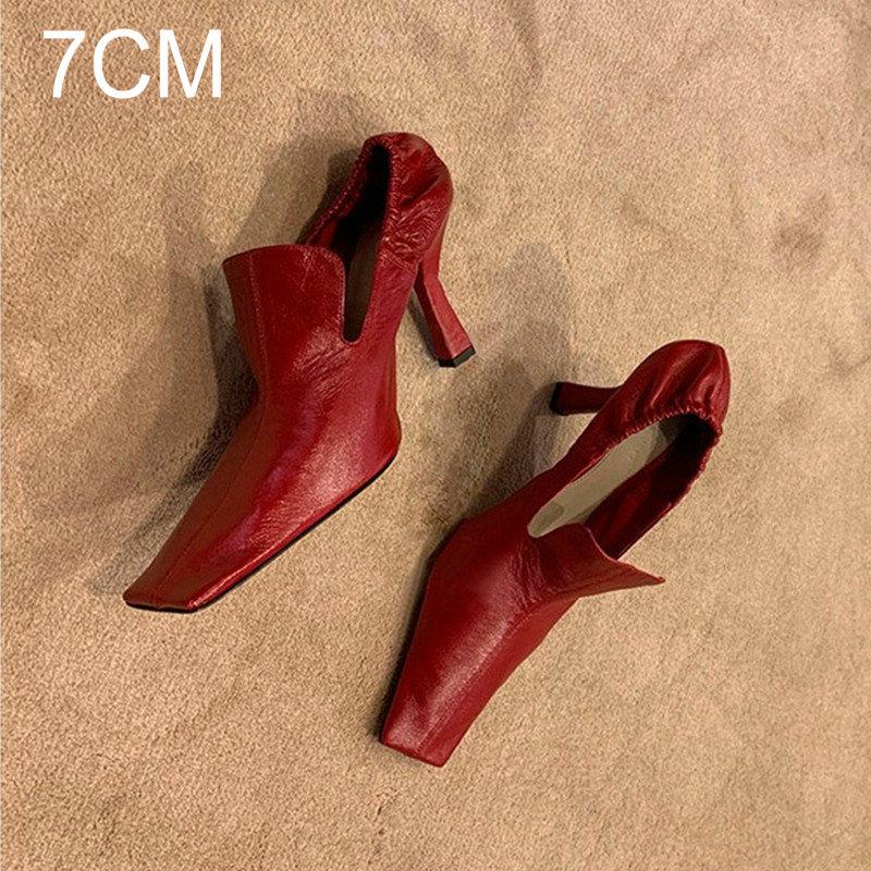 Fashion Wine Red French High Heels Women 2025 Spring and Autumn New Leather Cat with Square Head Single Shoes Women Casual Muller Shoes