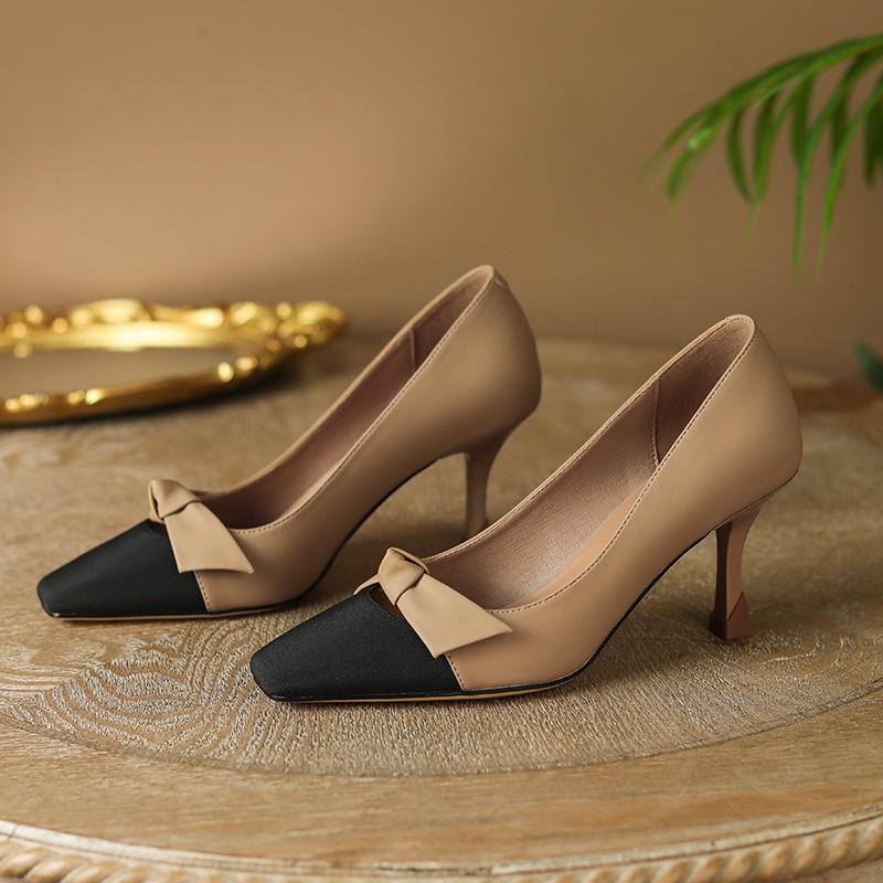

Цветовая гамма Сяосянфэн, туфли-лодочки с квадратным носком, новые ретро, на тонком высоком каблуке, с бантом, с открытым верхом, женские туфли 34 хаки