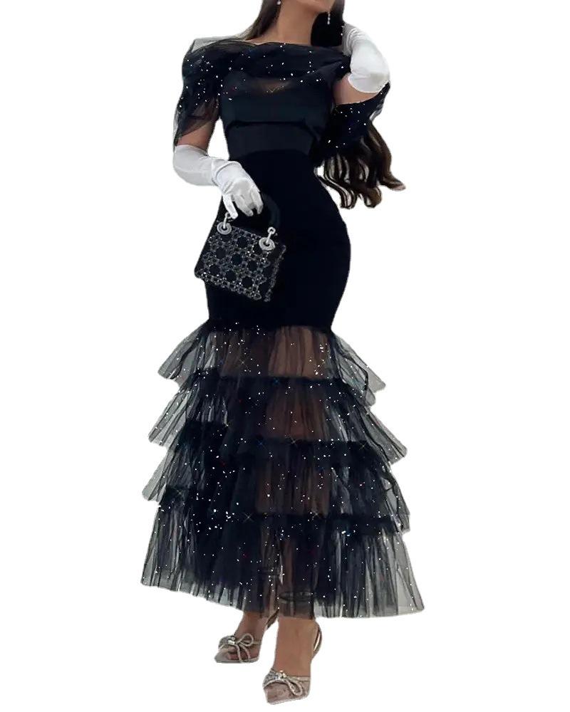 2024 Black Mesh Sequin Midi Skirt Dress