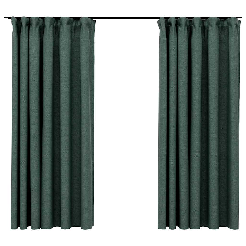 Blackout Curtains with Hooks Linen Look 2 Pcs Green 140 X 175 Cm