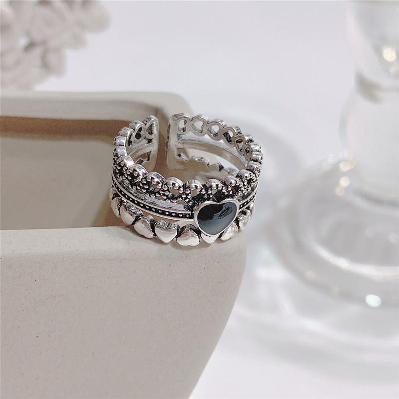 Picche Danneggiate Cuore Nero a Forma di Cuore Anelli Apribili Retro Combinazione a Tre Strati Gioielli in Argento Sterling 925 Amore Dolce TYB032