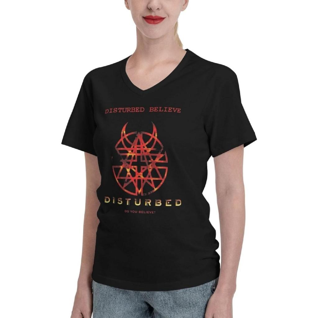 KJDMHMTE T-Shirts für Damen Disturbed Band Damen Kurzarm-T-Shirt Lässig V-Ausschnitt Baumwolle Sportliche T-Shirts(1)