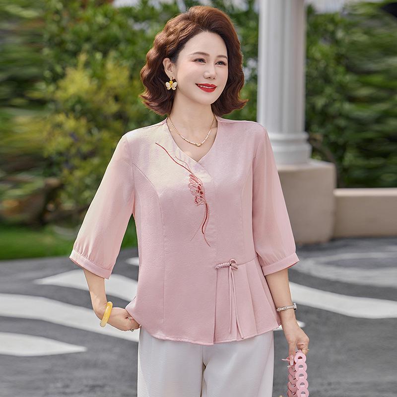 Elegant Chinese National Style Short-Sleeved Imitation Silk Blouse for Women - Summer 2026 3XL (120-135 jin)