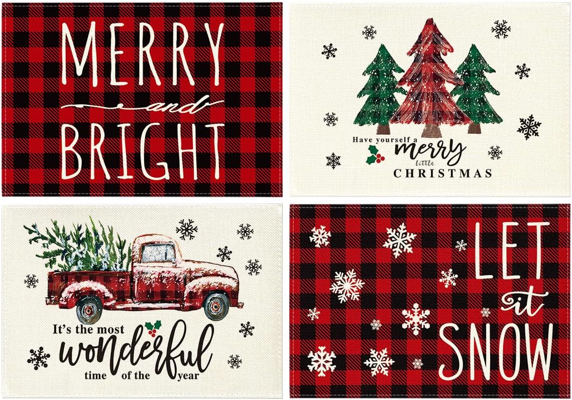 

Merry and Bright Buffalo Plaid Christmas Placemats for Dining Table, 12 x 18 Inch Xmas Tree Holiday Rustic Vintage Washable Table Mats Set of 4 4pcs-12x18