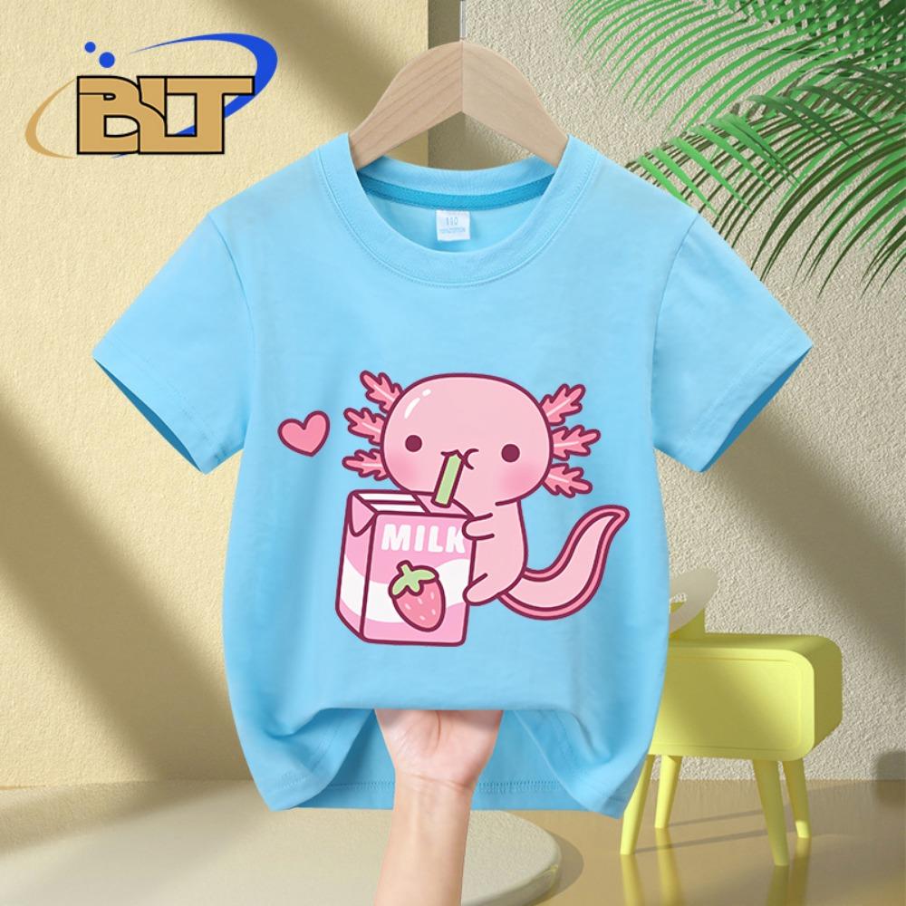 Cute Strawberry Milk Graffiti Print Children's T-shirt Summer Short-sleeved Casual Tops for Boys and Girls