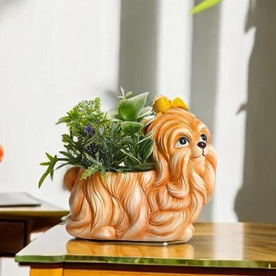 Dog Figurine Desktop Ornament Flower Pot Resin Cute Creative Decorative Statue Plant for Bedroom
