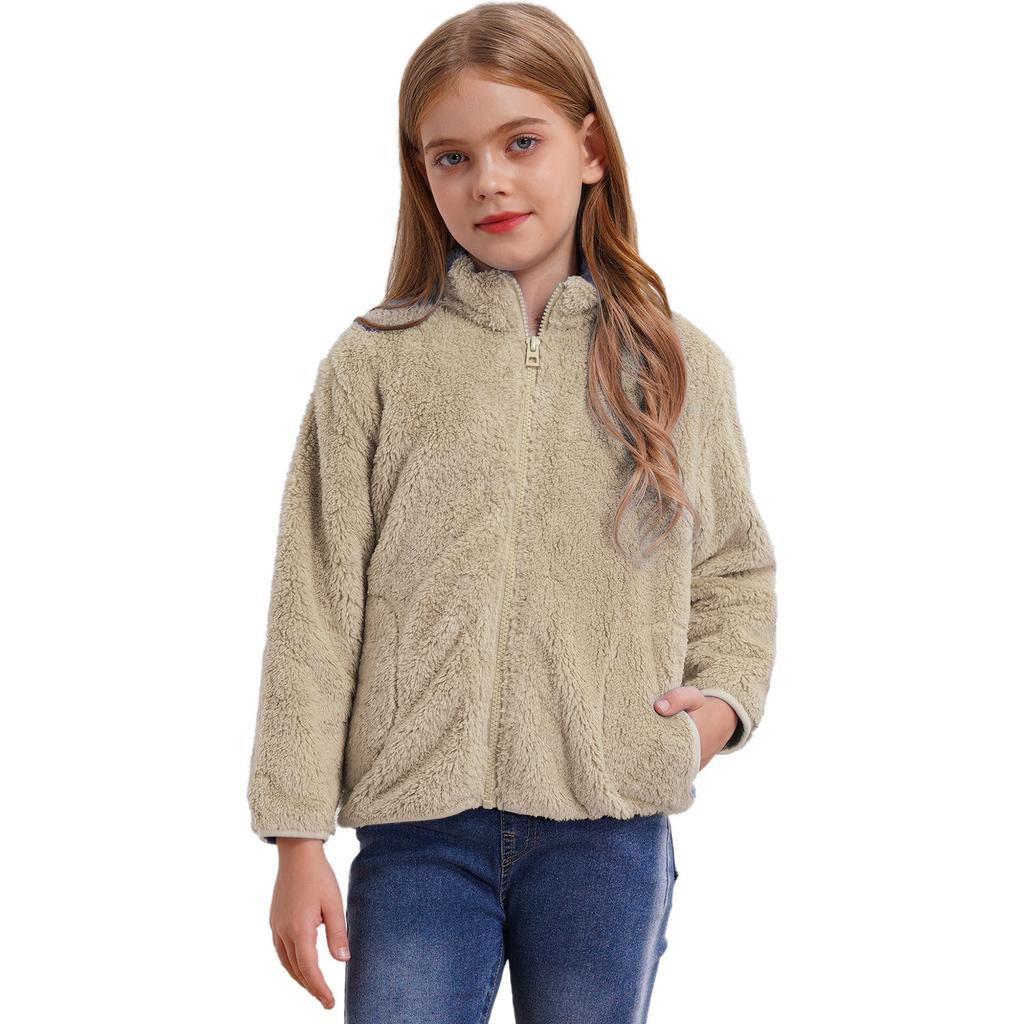 Kids Casual Outerwear Long Sleeve Stand Collar Soft Plush Zipper Closure Pockets Side Warm Jacket