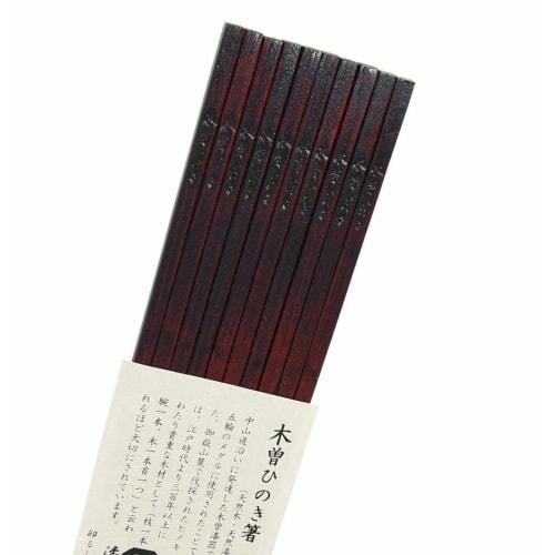 Set of 5 Japanese-made Kiso Hinoki Chopsticks, Lacquered Wood. Lightweight and durable, these chopsticks are dishwasher safe and hot plate compatible.