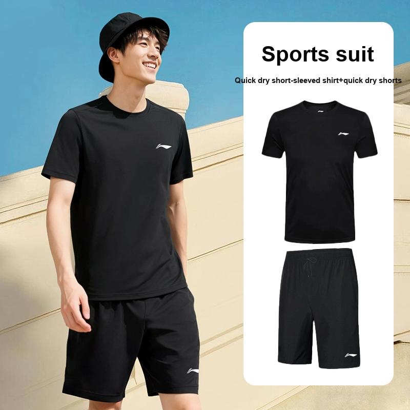 Li-Ning Skin-Friendly Comfortable Short Sleeve T-Shirt Breathable Sweat-Absorbing Versatile Shorts Fitness Set Men Sets LKUI765-1
