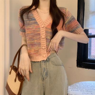 Color Blocking Tie Dye V-neck Temperament Small Fragrance Style Short Sleeved Knitted Shirt Loose Slimming Short Top for Women In Summer