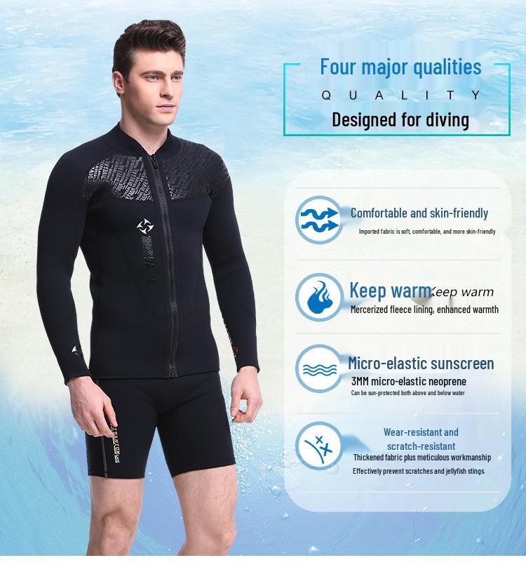 Men's 3mm Neoprene Cold-Proof Long Sleeve Diving Wetsuit Top with Front Zip