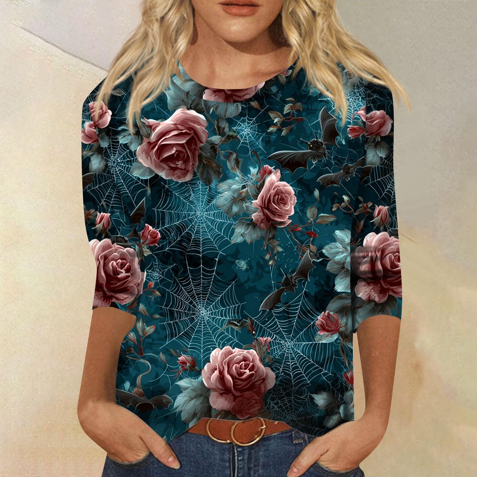 

Женские топы Рубашка с рукавом три четверти V-образный вырез Свободная повседневная рубашка Футболка с принтом L