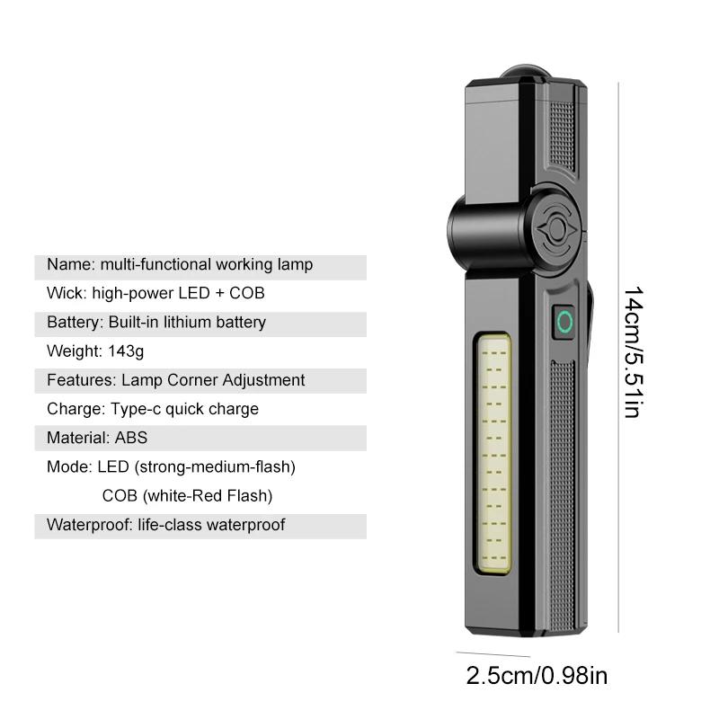 New Portable COB LED Flashlight Type-C C Rechargeable Work Light Magnetic Lanterna with Pen Clip Built-in Battery Camping Torch